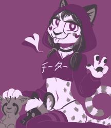  2020 anthro cheetah claws clothed clothing felid feline female finger_claws fur hair hoodie japanese_text looking_at_viewer mammal markings midriff navel pawpads plushie purple_background purple_theme restricted_palette simple_background solo spots spotted_body spotted_fur stephie_(fraydia1) text text_on_clothing text_on_hoodie text_on_topwear theblueberrycarrots tongue tongue_out topwear 