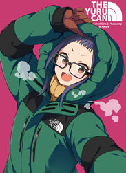  arm_up black-framed_eyewear blush brand_name_imitation brown_eyes brown_gloves coat commentary_request english_text female forehead glasses gloves green_coat hood hood_up hooded_coat long_sleeves looking_at_viewer mirai_denki oogaki_chiaki outstretched_arm pink_background purple_hair round_teeth selfie short_hair sidelocks solo teeth the_north_face turtleneck upper_body upper_teeth_only yurucamp zipper 