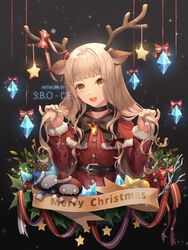  :d animal_ears antlers belt blonde_hair bow bowtie choker christmas commentary deer_ears female fur_trim gem hair_lift hair_ribbon hat highres horn_bow horn_ornament horns lf_(paro) lock long_hair looking_at_viewer nightmare_(sinoalice) open_mouth orange_eyes padlock red_riding_hood_(sinoalice) reindeer_antlers ribbon santa_costume santa_hat sinoalice smile star_(symbol) teeth upper_teeth_only 