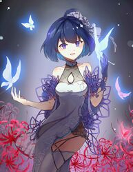  :d absurdres antenna_hair bare_shoulders blue_butterfly blue_eyes blue_gloves blue_hair breasts bug butterfly china_dress chinese_clothes cleavage dress female flower gloves glowing_butterfly hair_between_eyes hair_flower hair_ornament highres honkai_(series) honkai_impact_3rd linxi looking_at_viewer open_mouth seele_vollerei seele_vollerei_(stygian_nymph) short_hair single_glove sleeveless sleeveless_dress smile solo spider_lily white_dress white_flower 