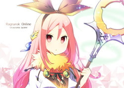  artist_name bangs breasts brown_hairband cleavage commentary_request copyright_name dress female fur_collar hair_between_eyes hairband holding holding_staff large_breasts long_hair looking_at_viewer official_alternate_costume open_mouth pink_eyes pink_hair ragnarok_online shiraazuma solo sorcerer_(ragnarok_online) staff upper_body white_dress 