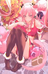  absurdres armband atelier_live bad_id bad_pixiv_id black_thighhighs blue_eyes candy candy_cane christmas doughnut dragon_girl dragon_horns dragon_tail eyebrows_hidden_by_hair female food hand_on_ground hat highres holding holding_food horns kuzuryu_io looking_at_viewer mini_hat oekkusu pink_hair pink_nails red_skirt santa_hat sitting skirt solo tail thighhighs virtual_youtuber 