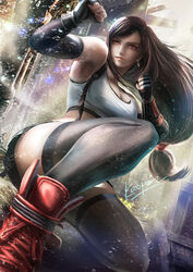  armpits arms_up black_gloves black_skirt black_thighhighs breasts brown_hair cleavage clenched_hand collapsed crop_top cross-laced_footwear earrings elbow_gloves female final_fantasy final_fantasy_vii final_fantasy_vii_remake fingerless_gloves flower gloves hair_tie jewelry kaopon kneeling light_smile long_hair low-tied_long_hair md5_mismatch medium_breasts pleated_skirt red_eyes red_footwear resolution_mismatch signature skirt sleeveless solo source_smaller suspender_skirt suspenders tank_top thighhighs tifa_lockhart white_tank_top yellow_flower 