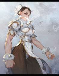  2021 alternate_color artist_name biceps bracelet breasts brown_hair bun_cover china_dress chinese_clothes chun-li clenched_hand commentary double_bun dress earrings female forehead from_side fur_bracelet grey_eyes hair_bun highres jewelry juliet_sleeves long_sleeves medium_breasts morry muscular muscular_female pantyhose pelvic_curtain puffy_sleeves silver_dress solo spiked_bracelet spikes street_fighter thick_thighs thighs traditional_media 