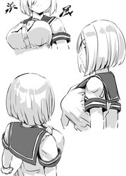  banned_artist belko breasts closed_mouth female greyscale hair_ornament hairclip hamakaze_(kancolle) highres kantai_collection large_breasts monochrome multiple_views neckerchief sailor_collar school_uniform serafuku short_hair short_sleeves 