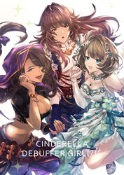  1boy 2girls bracelet braid breasts brown_hair cleavage cleavage_cutout clothing_cutout crop_top dark-skinned_female dark_skin dress elbow_gloves fingerless_gloves gloves granblue_fantasy green_dress highres holding_hands idolmaster idolmaster_cinderella_girls jewelry large_breasts long_hair md5_mismatch midriff mole mole_under_eye multiple_girls necklace resolution_mismatch source_smaller sparkle tabina_(granblue_fantasy) takagaki_kaede trait_connection yotsubaya yurius_(shingeki_no_bahamut) 