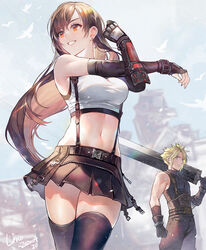  1boy bad_id bad_twitter_id bare_shoulders belt black_gloves black_hair black_skirt black_thighhighs blonde_hair breasts buster_sword cloud_strife crop_top elbow_gloves female final_fantasy final_fantasy_vii final_fantasy_vii_remake fingerless_gloves gauntlets gloves grin highres holding holding_sword holding_weapon large_breasts lino_chang long_hair looking_away midriff miniskirt navel orange_eyes over_shoulder pleated_skirt shirt skirt sleeveless sleeveless_shirt smile standing suspenders sword thighhighs tifa_lockhart very_long_hair weapon weapon_over_shoulder white_shirt zettai_ryouiki 