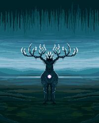  ancestor_spirit_(elden_ring) antlers bad_link deer elden_ring highres horns looking_at_viewer no_humans outdoors pixel_art pixelianska solo 