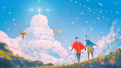  4others absurdres ambiguous_gender bird black_skin blue_cloak blue_headwear blue_sky blurry building cloak cloud colored_skin commentary confetti dark_skin depth_of_field english_commentary field flower flying from_behind glowing hat highres holding_hands long_hair meadow multiple_others orange_cloak outdoors ponytail red_cloak scenery sheya_tin short_hair shorts sky sky:_children_of_the_light sky_child standing string_of_flags white_hair wind winged_hat yellow_cloak yellow_shorts 