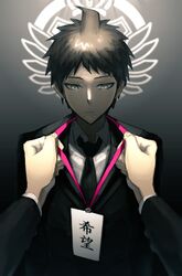  1boy ahoge arms_at_sides bad_id bad_twitter_id black_jacket black_necktie black_suit brown_eyes brown_hair closed_mouth collared_shirt commentary_request danganronpa_(series) danganronpa_3_(anime) doggye_(zginrwsn) expressionless formal gradient_background hinata_hajime holding id_card jacket korean_commentary long_sleeves male_focus necktie shirt short_hair solo_focus suit translated upper_body white_shirt 