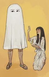  1boy black_hair blunt_bangs dress egyptian egyptian_clothes egyptian_mythology female highres kneeling leg_hair long_hair medjed_(mythology) mossacannibalis original parody sandals see-through simple_background standing white_dress yellow_background 