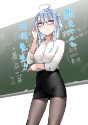  absurdres ahoge amatsuka_uto black_pantyhose blue_eyes blue_hair breasts chalk chalkboard female glasses hair_ornament hairclip highres indie_virtual_youtuber kanji looking_down medium_breasts miniskirt pantyhose pencil_skirt shirt simple_background skirt solo teacher translation_request twintails virtual_youtuber white_shirt zen_juraku 