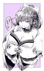  bow breasts cleavage detached_collar female finger_to_own_chin from_above fur_trim hair_down hair_ornament hairbow highres hololive houshou_marine houshou_marine_(new_year) japanese_clothes kimono large_breasts long_hair looking_at_viewer looking_up monochrome official_alternate_costume official_alternate_hairstyle purple_theme solo speech_bubble translated virtual_youtuber white_bow yagi_(yagiumaaai) yukata 