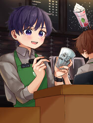  brick_wall brown_hair cafe glasses hatoka_ra5 highres male_focus menu_board multiple_boys open_mouth pen purple_eyes purple_hair shima_(utaite) short_hair smile starbucks table urashimasakatasen uratanuki utaite wall 