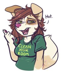  alpha_channel anthro breasts canid canine canis clothing dialogue dimmi_(character) dimwitdog domestic_dog english_text female green_eyes mammal reaction_image shirt solo text text_on_clothing text_on_shirt text_on_topwear topwear 