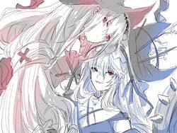  2girls an_fyhx arknights closed_mouth clothing_cutout commentary expressionless hat hat_ornament highres long_hair monochrome multiple_girls red_eyes sharp_teeth skadi_(arknights) skadi_the_corrupting_heart_(arknights) smile specter_(arknights) specter_the_unchained_(arknights) spot_color symbol-only_commentary teeth very_long_hair 