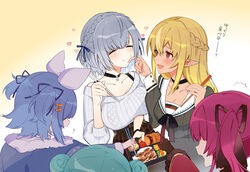  5girls absurdres bento black_choker black_tank_top blonde_hair braid chewing choker chopsticks closed_eyes commentary dark-skinned_female dark_skin eating elf food food_on_face french_braid grey_hair hair_down hairband highres holding holding_chopsticks hololive hololive_fantasy houshou_marine houshou_marine_(gothic_lolita) jewelry long_hair multicolored_hair multiple_girls official_alternate_costume pendant pointy_ears rice shiranui_flare shiranui_flare_(street) shirogane_noel shirogane_noel_(casual) short_hair snowflake_pendant streaked_hair sun_pendant symbol-only_commentary table tank_top translated uehara_(dormmmmir_) uruha_rushia usada_pekora usada_pekora_(casual) virtual_youtuber wavy_hair yuri 