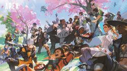  1other 6+boys 6+girls android apex_legends ash_(titanfall_2) bangalore_(apex_legends) bird black_bodysuit black_footwear black_headwear black_scarf blonde_hair bloodhound_(apex_legends) blue_bodysuit blue_eyes blue_jacket bodysuit boots braid breasts camera caustic_(apex_legends) cherry_blossoms classic_revenant cropped_jacket crossed_legs crow crypto_(apex_legends) d.o.c._health_drone dango dark-skinned_female dark-skinned_male dark_skin double_bun dreadlocks everyone facial_hair floating_hair food fuse_(apex_legends) gibraltar_(apex_legends) gloves goggles green_scarf grey_hair hack_(apex_legends) hair_behind_ear hair_bun hand_in_pocket highres holding holding_camera holding_stuffed_toy hood hood_up horizon_(apex_legends) humanoid_robot iwamoto_zerogo jacket jetpack knee_boots knee_pads lifeline_(apex_legends) loba_(apex_legends) long_hair looking_down looking_up mad_maggie_(apex_legends) making-of_available mask medium_breasts mirage_(apex_legends) missile_pod moustache mouth_mask multiple_boys multiple_girls navel nessie_(respawn) octane_(apex_legends) official_art olympus_(apex_legends) open_hands open_mouth orange_bodysuit orange_hair pants pathfinder_(apex_legends) ponytail promotional_art rampart_(apex_legends) red_hair revenant_(apex_legends) robot scarf seer_(apex_legends) short_hair simulacrum_(titanfall) sitting sky smile soul_patch stretching stuffed_toy tree twin_braids v-shaped_eyebrows valkyrie_(apex_legends) wagashi wattson_(apex_legends) white_bodysuit white_jacket white_pants wraith_(apex_legends) yellow_gloves 