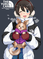  :3 :p ;d animal black_background blue_eyes blush brand_name_imitation brown_hair canine chikuwa_(yurucamp) clothes_writing coat commentary_request earmuffs english_text female holding holding_animal holding_dog long_sleeves looking_at_viewer mirai_denki mittens one_eye_closed open_clothes open_coat open_mouth red_mittens round_teeth saitou_ena short_hair simple_background smile teeth the_north_face tongue tongue_out upper_body upper_teeth_only white_coat yurucamp zipper 