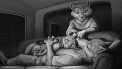  16:9 2019 anthro canid canine canis closed_eyes clothed clothing detailed_background digital_media_(artwork) digital_painting_(artwork) felid feline fully_clothed furniture greyscale group inside ipoke light lighting lying mammal monochrome night on_back on_front sleeping slice_of_life sofa trio widescreen wolf 