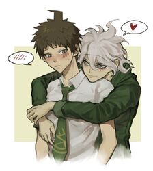  2boys ahoge bad_id bad_twitter_id blush brown_eyes brown_hair closed_mouth collared_shirt commentary_request cropped_torso danganronpa_(series) danganronpa_2:_goodbye_despair doggye_(zginrwsn) green_necktie grey_hair hair_between_eyes heart hinata_hajime hood hug hug_from_behind jacket komaeda_nagito korean_commentary long_sleeves looking_at_another male_focus messy_hair multiple_boys necktie print_necktie shirt short_hair smile spoken_blush spoken_heart sweatdrop two-tone_background upper_body white_background white_hair yaoi 