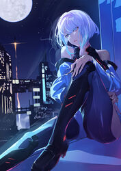  bare_shoulders between_fingers blue_eyes boots cigarette city_lights clothing_cutout cyberpunk_(series) cyberpunk_edgerunners female foot_out_of_frame hand_on_own_knee high_heel_boots high_heels highres holding holding_cigarette jacket knee_up lips looking_to_the_side lucy_(cyberpunk) moon night night_sky nr_noir pants parted_lips rocket_ship short_hair short_hair_with_long_locks sitting sky smoke smoking solo spacecraft star_(sky) starry_sky thigh_boots thigh_cutout thighs tight_clothes tight_pants wavy_hair white_hair window wistful 