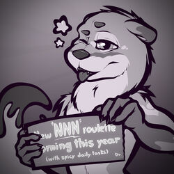  1:1 absurd_res amazinky anthro black_and_white faproulette fur fur_markings fur_tuft half-closed_eyes hi_res holding_carton holding_object holding_sign ink ink_drip inky_(amazinky) looking_at_viewer male mammal markings meme monochrome mustelid narrowed_eyes no_nut_november one_eye_closed open_mouth otter raised_tail sign simple_background solo standing star tail tongue tongue_out tuft tufted_fur wink 