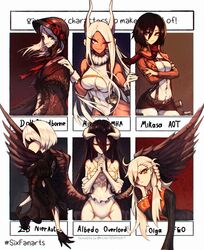  2b_(nier:automata) 6+girls albedo_(overlord) animal_ears black_dress black_hair blindfold bloodborne boku_no_hero_academia bonnet braid breasts character_name commentary cropped_jacket crossed_arms dark-skinned_female dark_skin demon_girl demon_horns dress english_commentary fate/grand_order fate_(series) fur_collar hair_between_eyes highleg highleg_leotard highres hip_vent horns jin_grey_paladin large_breasts leotard long_hair medium_breasts mikasa_ackerman mirko mole mole_under_mouth multiple_drawing_challenge multiple_girls muscular muscular_female nier:automata nier_(series) no_panties olga_marie_animusphere outside_border overlord_(maruyama) pale_skin paradis_military_uniform plain_doll rabbit_ears red_scarf scarf shingeki_no_kyojin side_braid six_fanarts_challenge skirt_over_leggings three-dimensional_maneuver_gear very_long_hair white_hair 