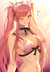  adapted_costume bare_shoulders blush bra breasts choker cleavage collarbone commentary fate/grand_order fate_(series) female gradient_background highres licking_lips light_rays lingerie long_hair looking_at_viewer mashuu_(neko_no_oyashiro) medb_(fate) medb_(swimsuit_saber)_(fate) medb_(swimsuit_saber)_(second_ascension)_(fate) medium_breasts navel one_eye_closed pink_bra pink_hair sidelocks smile solo swept_bangs tiara tongue tongue_out twintails underwear underwear_only yellow_eyes 