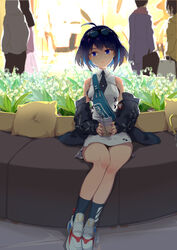  absurdres antenna_hair bare_shoulders black_jacket blue_eyes blue_hair blue_legwear blue_necktie closed_mouth couch cup dress drinking_straw eyewear_on_head female full_body hair_between_eyes highres holding holding_cup honkai_(series) honkai_impact_3rd jacket linxi looking_to_the_side milkshake necktie pillow seele_vollerei shoes sitting sleeveless sleeveless_dress sneakers sunglasses white_dress white_footwear 