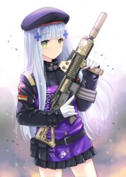  assault_rifle beret black_hat blunt_bangs blush breasts commentary_request facial_mark female girls&#039;_frontline gloves green_eyes grey_hair gun h&amp;k_hk416 hair_ornament hat highres hk416_(girls&#039;_frontline) holding holding_gun holding_weapon jacket long_hair looking_at_viewer rifle solo uonuma_yuu very_long_hair weapon white_gloves 