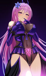  :p absurdres blush bodycon breasts cleavage corruption dark_persona demon_girl detached_sleeves elbow_gloves empty_eyes evil_smile female flower gloves hair_ornament half-closed_eyes highres horns latex leotard long_hair looking_at_viewer md5_mismatch medium_breasts navel original pink_hair pubic_tattoo purple_eyes raven_genesis seductive_smile see-through see-through_leotard showgirl_skirt smile solo tattoo thick_thighs thighs tongue tongue_out 