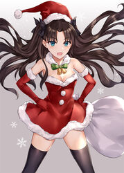  alternate_costume asle black_hair blue_eyes blush christmas dress fate/stay_night fate_(series) female fur-trimmed_dress fur-trimmed_headwear fur_trim gloves hat long_hair looking_at_viewer open_mouth red_dress red_gloves red_hat sack santa_costume santa_hat solo thighhighs tohsaka_rin two_side_up 