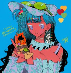  bad_id bad_twitter_id blue_background blue_bow blue_hair blue_hat blunt_bangs blush bone borrowed_character bow braid breasts cleavage colored_skin derivative_work earrings eyewear_on_head female fire flower food fruit hands_up hat heart highres holding jewelry large_breasts leaf long_sleeves looking_to_the_side off_shoulder original purple_eyes purple_flower red_skin signature simple_background skull smile solo soreeyu_(sore-yu) sun_hat sunglasses 