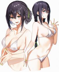  bikini bikini_top_lift black_hair braid breasts character_request cleavage clothes_lift female green_eyes hair_ornament highres mole mole_on_breast multiple_views navel open_mouth original orihi_chihiro sidelocks simple_background stomach string_bikini swimsuit white_background white_bikini x_hair_ornament 