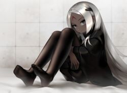  black_pantyhose commentary dark-skinned_female dark_skin elisa_(girls&#039;_frontline) expressionless feet female girls&#039;_frontline grey_eyes highres hugging_own_legs long_hair looking_at_viewer mengxiang_jia no_shoes pantyhose sangvis_ferri sitting soles solo very_long_hair white_hair 