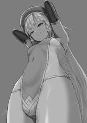  armpits arms_behind_head arms_up bad_id bad_twitter_id bare_shoulders beret blunt_bangs blush breasts closed_mouth covered_navel detached_sleeves erune eyeliner female foreshortening granblue_fantasy grey_background greyscale hat highleg highleg_leotard highres leotard long_hair looking_at_viewer makeup monochrome navel nosuku pholia short_eyebrows sideboob sideless_outfit simple_background small_breasts smile solo thighs wide_sleeves 