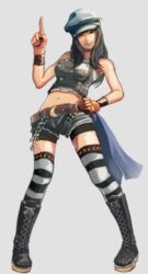  belt belt_chain bike_shorts bike_shorts_under_shorts black_footwear blue_hat boots cabbie_hat cross-laced_footwear denim female final_fantasy final_fantasy_vii final_fantasy_vii_remake gauss_&lt;bokashi gloves hand_on_own_hip hat highres kyrie_canaan looking_at_viewer navel one_eye_closed short_shorts shorts sleeveless smile solo stomach striped_clothes striped_thighhighs thighhighs 