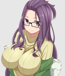  bangs_pinned_back black-framed_eyewear blush breasts commentary_request dou-t female glasses highres impossible_clothes impossible_sweater jacket kagamihara_sakura large_breasts long_hair long_sleeves looking_at_viewer purple_eyes purple_hair ribbed_sweater simple_background solo sweater turtleneck turtleneck_sweater upper_body yurucamp 