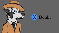  2020 anthro black_nose blue_eyes canid canine canis clothed clothing fallout fur grey_background grey_body grey_fur grey_hair hair hat headgear headwear jackywind l.a._noire male mammal meme microsoft multicolored_body multicolored_fur necktie orange_clothing reaction_image shitpost simple_background solo unimpressed white_body white_fur wolf 