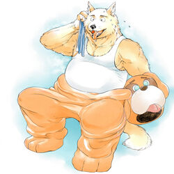  1:1 2013 anthro canid canine canis clothing domestic_dog gombee_s kemono male mammal mascot_costume overweight overweight_male shirt sitting solo tongue tongue_out topwear towel 