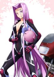  biker_clothes bikesuit bodysuit breasts facial_mark fate/stay_night fate_(series) female forehead_mark full-length_zipper glasses helmet highres large_breasts long_hair medusa_(fate) medusa_(rider)_(fate) motor_vehicle motorcycle motorcycle_helmet partially_unzipped purple_hair racing_suit skin_tight solo takuteks very_long_hair zipper 