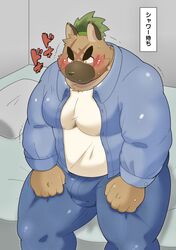  2020 anthro bed belly blush bodily_fluids bottomwear brown_body brown_fur canid canine canis clothing domestic_dog fur furniture hi_res japanese_text kemono lifewonders male mammal morosuhe overweight overweight_anthro overweight_male pants pillow scar shirt sitting solo sweat text tokyo_afterschool_summoners topwear yasuyori_(tas) 