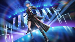  absurdres asymmetrical_sleeves black_gloves black_shirt black_shorts black_skirt blue_eyes blue_hair boots breast_strap chest_harness commentary_request female fisheye foreshortening fuann full_body gloves half_gloves harness high_heel_boots high_heels highres holding holding_microphone hololive hoshimachi_suisei hoshimachi_suisei_(shout_in_crisis) knee_boots layered_skirt long_sleeves medium_hair microphone mismatched_sleeves music official_alternate_costume official_alternate_hairstyle overskirt pleated_skirt see-through see-through_midriff see-through_sleeves shirt shorts singing single_glove single_half_glove skirt solo stage star_(symbol) star_in_eye symbol_in_eye turtleneck v-shaped_eyebrows virtual_youtuber waist_cape 