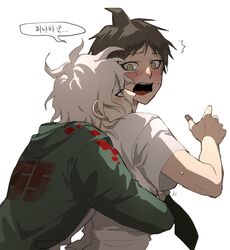  2boys ^^^ ahoge bad_id bad_twitter_id black_hair blush brown_hair coat danganronpa_(series) danganronpa_2:_goodbye_despair doggye_(zginrwsn) from_side green_coat green_eyes grey_background hand_up head_on_another&#039;s_shoulder hinata_hajime hood hooded_coat hug hug_from_behind komaeda_nagito korean_commentary korean_text male_focus medium_hair messy_hair multiple_boys necktie open_mouth pale_skin shirt short_hair short_sleeves simple_background speech_bubble surprised sweatdrop teeth translation_request upper_body upper_teeth_only white_background white_shirt yaoi 