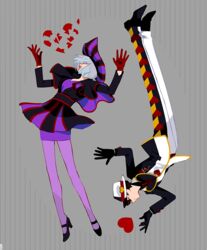  1boy bad_id bad_twitter_id black_gloves black_hair broken_heart closed_eyes disneyland female gloves grey_background grey_hair heart heart_print jack_heart open_mouth pantyhose purple_legwear recruiters_(disney) red_gloves short_hair simple_background smile tsuzuki_(flee_away) veil_(disney) 