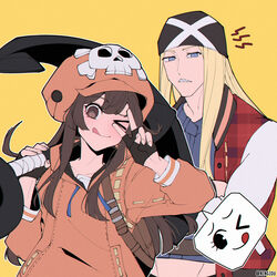  1boy anchor axl_low backpack bag bandana blonde_hair blue_eyes brown_hair female fingerless_gloves gloves guilty_gear guilty_gear_strive highres holding holding_weapon hood hoodie kyou_(ningiou) long_hair looking_at_viewer may_(guilty_gear) orange_hoodie skull_and_crossbones tongue tongue_out v weapon 