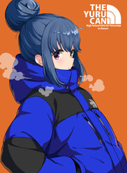  blue_coat blue_hair blush closed_mouth clothes_writing coat commentary_request copyright_name drawstring english_text female from_side hair_bun hands_in_pockets hood hood_down hooded_coat long_hair long_sleeves looking_at_viewer looking_to_the_side mirai_denki orange_background purple_eyes shima_rin short_hair sidelocks simple_background single_hair_bun solo upper_body yurucamp 