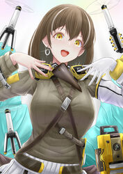  archstreal arknights bird_mask breasts brown_hair clothes_around_waist commentary cowboy_shot drone earrings english_commentary eyelashes female glint gloves green_sweater hair_between_eyes highres hoop_earrings jacket jacket_around_waist jewelry long_sleeves looking_at_viewer magallan_(arknights) magallan_(elite_ii)_(arknights) mask mask_around_neck medium_breasts multicolored_hair open_mouth photoshop_(medium) pose respirator ribbed_sweater short_hair single_earring single_glove smile solo strap streaked_hair sweater turtleneck turtleneck_sweater two-tone_hair white_gloves white_hair yellow_eyes 