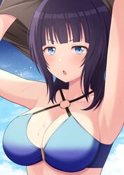  arms_up asaka_karin bare_arms bare_shoulders bikini blue_bikini blue_eyes blue_sky blunt_bangs breasts brown_shirt cleavage clothes_lift cloud collarbone commentary_request criss-cross_halter day female halterneck highres ichiban577 large_breasts lifting_own_clothes light_blush looking_at_viewer love_live! love_live!_nijigasaki_high_school_idol_club medium_hair o-ring o-ring_bikini o-ring_top open_mouth outdoors parted_bangs parted_lips purple_hair shirt shirt_lift sky solo swimsuit undressing upper_body 